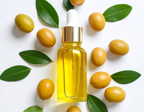Close-up of jojoba oil in a clear bottle or dropper, emphasizing its rich color and luxurious texture. Perfect for cosmetics, aromatherapy, and organic product branding,  jojoba oil in white backgroun