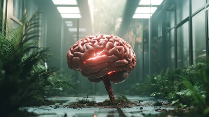 A surreal representation of a glowing brain amid lush greenery, symbolizing creativity, intellect, and the connection between nature and human thought in a modern aesthetic.
