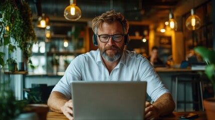 An engaged middle-aged man with glasses focuses intently on his laptop, surrounded by a warm and inviting cafe atmosphere, capturing a moment of productivity.