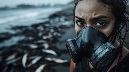 A concerned woman wearing a gas mask stands by a polluted beach, symbolizing the urgent need for environmental awareness and action in the face of climate change.