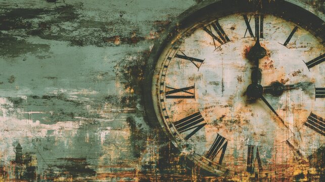 Old Clock Timepiece with Roman Numerals and Rustic Wall