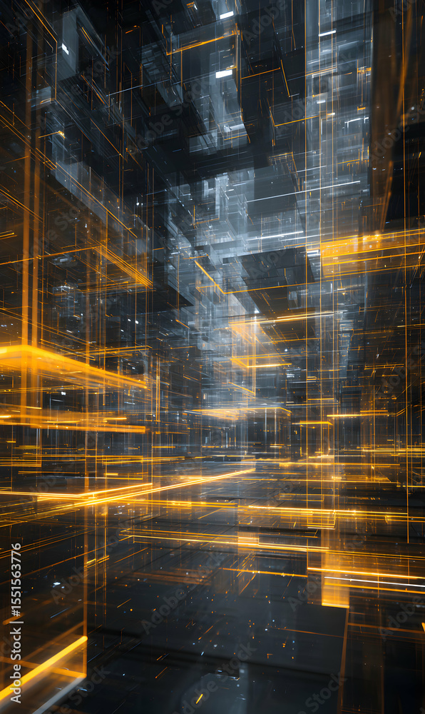 Poster abstract technological cityscape illuminated with neon glow representing futuristic architecture and