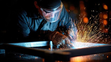 Skilled metalworker in safety gear using welding torch on steel frame, intense sparks and protective equipment.