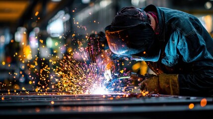 Skilled metalworker in safety gear using welding torch on steel frame, intense sparks and protective equipment.