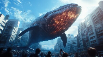 A surreal image depicting a gigantic whale swimming over a bustling urban city, creating a stunning contrast between nature and modern architecture, inspiring awe and imagination.