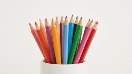 Fototapeta premium A vibrant collection of colored pencils arranged in a white cup, showcasing a spectrum of colors for creativity.