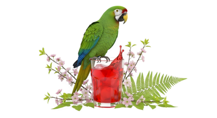 Parrot with tropical drink 3d rendered on white background