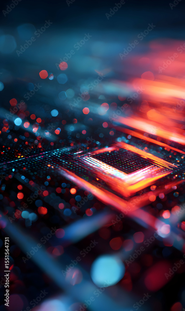 Poster abstract technology circuit board with bokeh effect, digital innovation with advanced processing pow