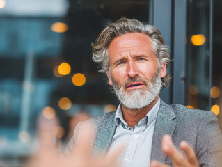 Portrait of a handsome senior man with friends at a bar, sitting in front of a glass window and looking away from the camera.