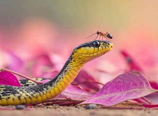 Obraz premium A yellow and black snake slithering on the ground, with an ant sitting atop its head. Realistic photography, high-definition photography, macro lens, natural environment background, green blurred back