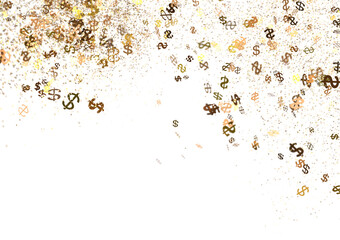 Abstract image of gold and brown dollar signs falling on white background. Perfect for finance, business, and wealth concepts.