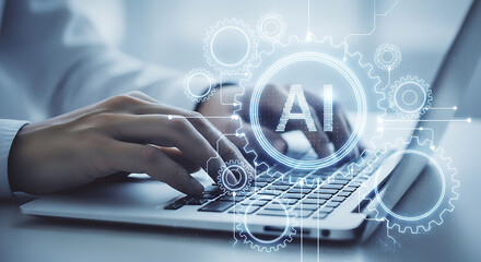 Hands typing on a laptop keyboard with artificial intelligence and cogwheel overlay
