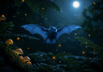 A beautiful bat with velvet-like fur in midnight blue, gracefully flying through a moonlit forest canopy, catching mosquitoes in an elegant dance, surrounded by glowing mushrooms and soft moonbeams
