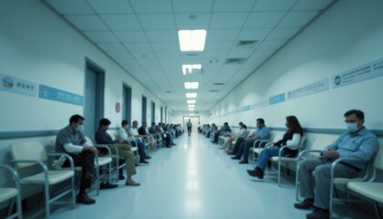 Waiting patients in a hospital corridor healthcare facility photography indoor wide-angle healthcare atmosphere