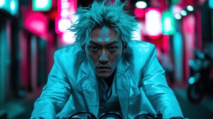 Obraz premium A captivating close-up of a man with styled hair illuminated by vibrant neon lights evokes a sense of energy and determination in a modern urban setting, reflecting a bold lifestyle.