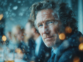 Portrait of an elegant man in his fifties with curly hair and blue eyes, wearing a suit and sitting at a table during a meeting against a blurred background. 