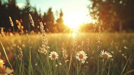 A breathtaking view of a sunlit flower field, capturing the warmth and tranquility of nature, inviting feelings of peace and serenity amidst blooming daisies and grasses.