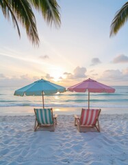 Relaxing sunset at a tropical beach two lounge chairs ocean view serene atmosphere peaceful experience