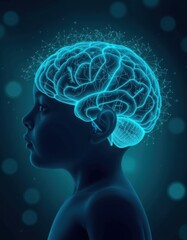 Obraz premium Brain visualization of a child's mind educational concept dark background digital art side view neuroscience exploration