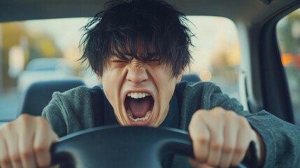 Furious driver screaming behind the wheel expressing intense frustration