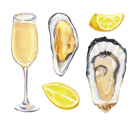 Set of watercolor hand painted delicious seafood oysters, mussels and lemon slices simple sketch illustration on white background. DIY elements for French cuisine menu, social media, ads and posters