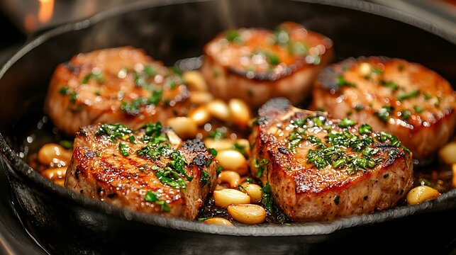 Rustic Farmhouse Kitchen with Cast Iron Skillet Cooking Pork Chops on Stove