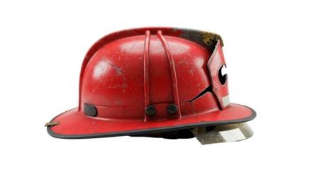 A weathered red firefighter's helmet shows signs of use and damage.