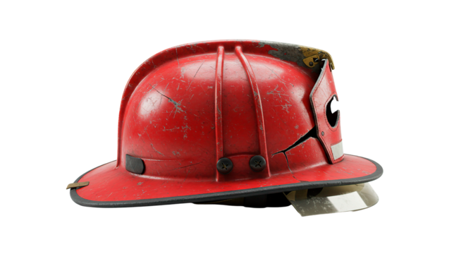 A weathered red firefighter's helmet shows signs of use and damage.