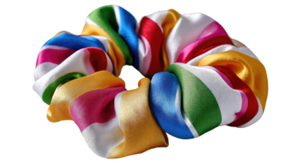 Colorful Scrunchie Delight: A vibrant scrunchie of rainbow hues. Each fold and curve seems to dance in a display of pure joy. A burst of colors to complement your style. 