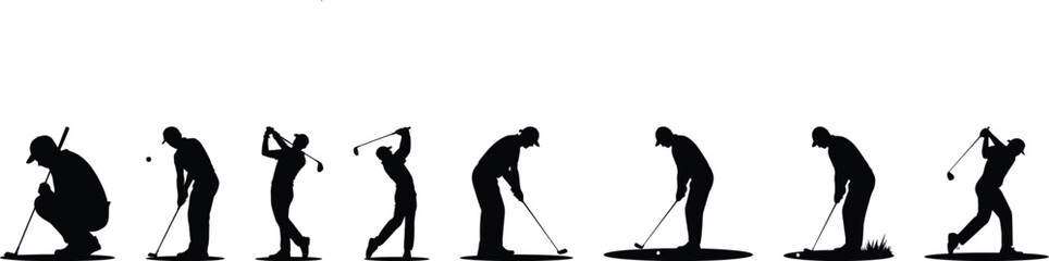 Silhouette vector illustration of professional male golf players in various stroke and posture actions
