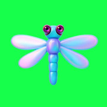Vibrant 3D dragonfly illustration animation, transparent 4K video, green screen