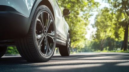 An SUV captured from the ground, parked on a tree-lined road during daylight