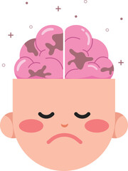 illustration of unhappy human head with unhealthy brain. Concept of mental health. 