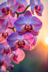 Obraz na płótnie Canvas field of orchids macro purple blossoms blooming spring golden hour light sunset glow natural peaceful garden view botanical floral wallpaper background