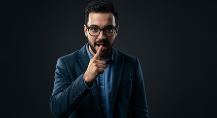 Obraz premium Serious Man in Glasses Making Shushing Gesture With Finger Raised to His Lips