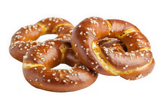 Delicious baked pretzels with salt sprinkles, german style, freshly made, food photography, isolated on transparent background