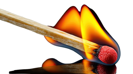 Fiery Combustion: A close-up view of a matchstick igniting and burning brightly, creating vibrant flames against a stark background, symbolizing ideas, energy, and potential