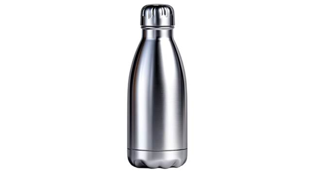 Shining Stainless Steel: A sleek, modern stainless steel water bottle glistens, embodying hydration and refreshment. Its polished surface reflects purity and a commitment to health and wellness.