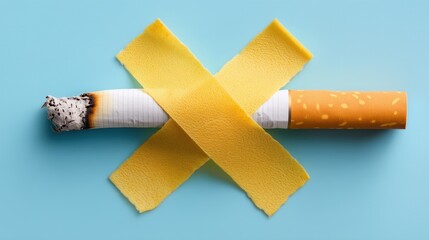lit cigarette is taped with yellow strips forming shape on blue background