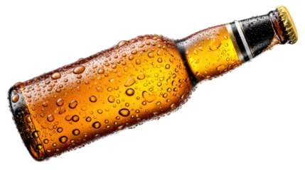 Cold Beer Bottle: A bottle of beer, condensation dripping down its surface, angled against a clean backdrop. The image evokes refreshment and a casual atmosphere.