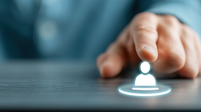 Person pressing glowing human icon symbolizing network connection membership