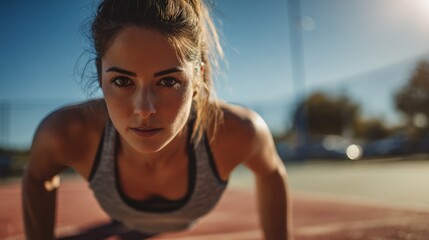 Young athletic sportswoman doing pushups on outdoor court, strong posture and focus.