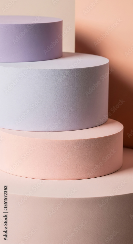 Poster pastel-colored cylindrical platforms layered, creating a minimalist display scene mockup for product