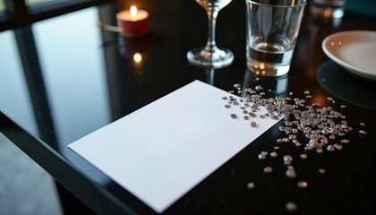 A blank white card lies on a dark table. Nearby, a glass of water, a wine glass, and a small candle are visible. Sparkling gems are scattered around the card.