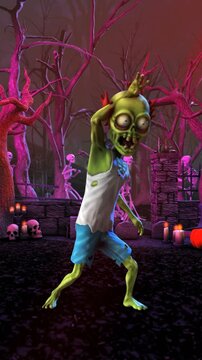 Seamless vertical video of a zombie thriller dancing in a party at a graveyard with skeletons and pumpkins. Funny cartoon character for Halloween background.