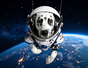 A Dalmatian floating in space wearing a tiny astronaut suit. © Kiki