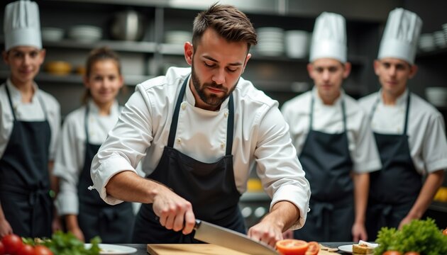 A male chef with a beard and short dark hair chops vegetables in a kitchen. He is surrounded by diverse young chefs in white uniforms and hats.