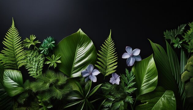 lush green foliage and wildflowers against a black background - Powered by Adobe