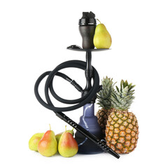 Dark traditional hookah, pineapples and pears isolated on white