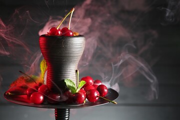 Hookah with cherries and smoke on black background, closeup. Space for text